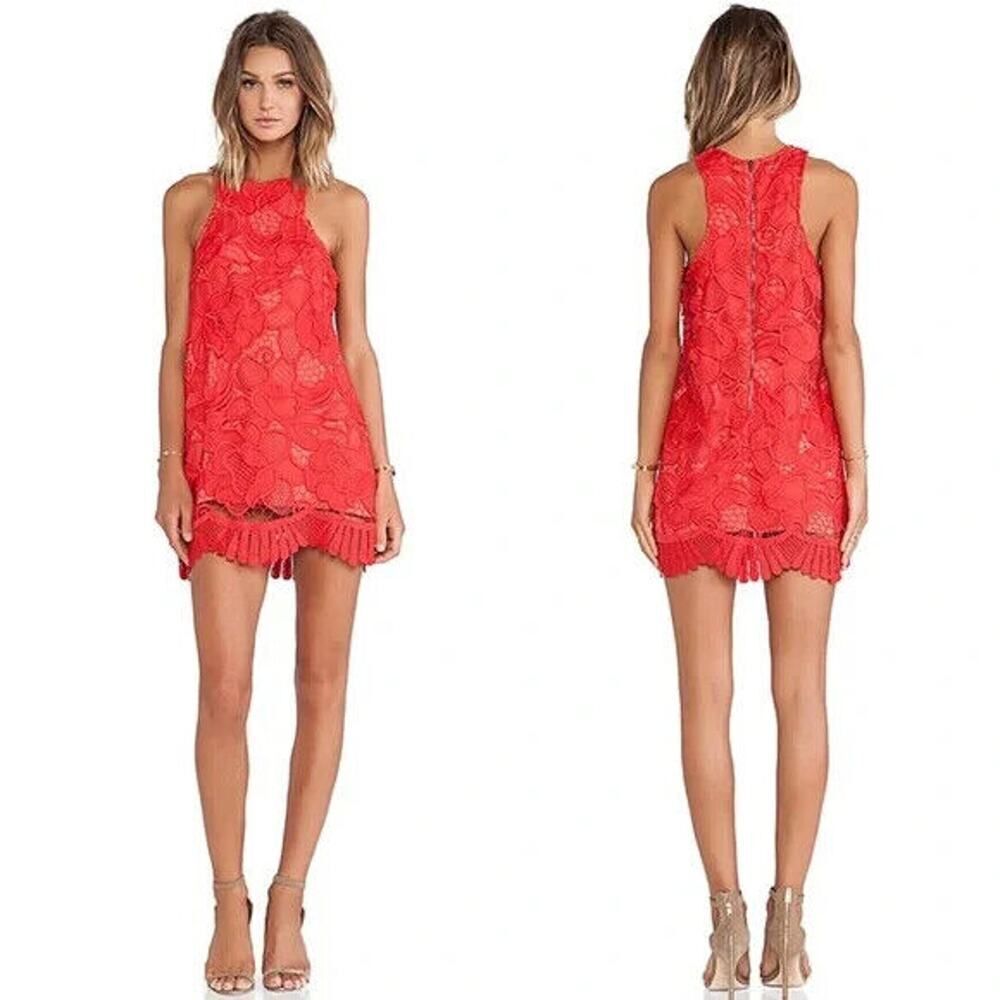 NWOT Lovers + Friends Caspian red lace over lay mini Shift Dress size Small